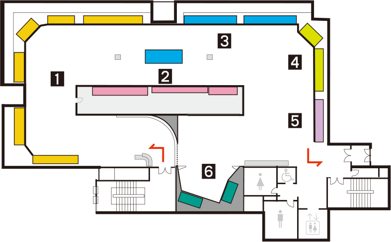 전시실 2층 도면
            1 학예연구실
            2 교육실
            3 문헌자료실