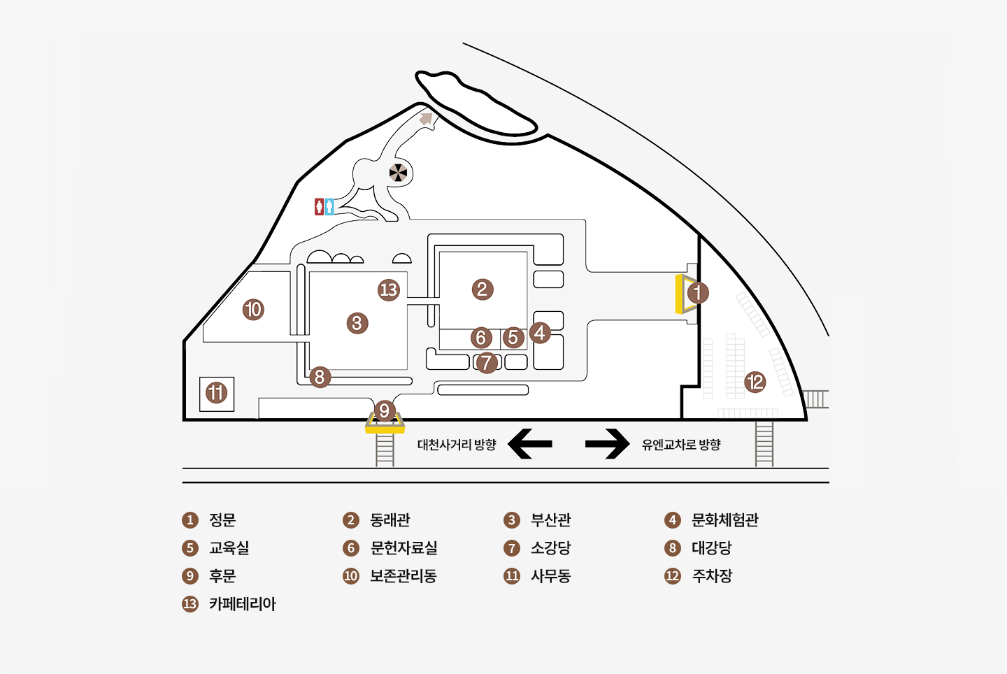 박물관 전체 안내 이미지
			1 정문 2 동래관 3 부산관 4 문화체험관 5 교육실 6 문헌자료실 7 소강당 8 대강당 9 후문 10 보존관리동 11 사무동 12 주차장 13 카페테리아